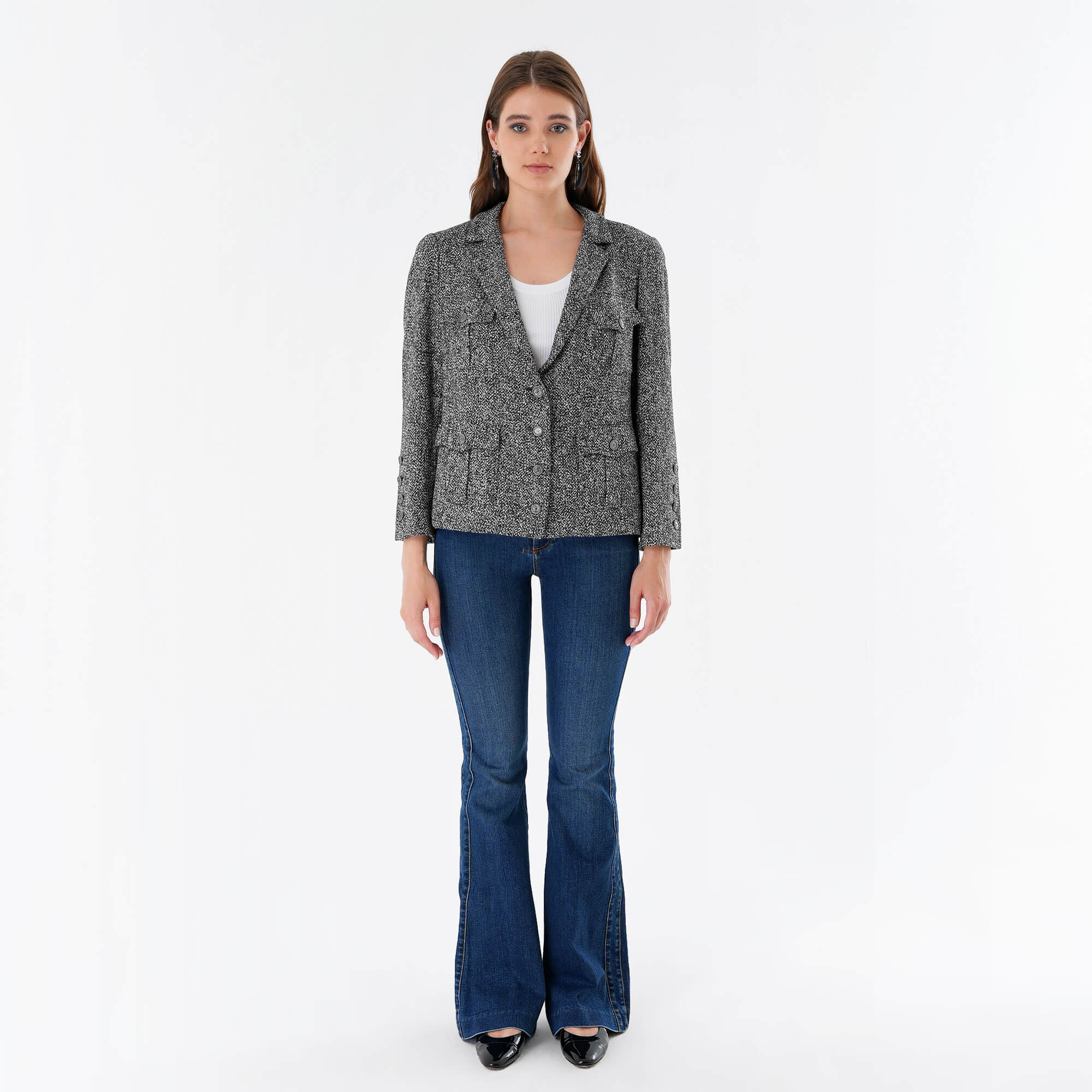 Chanel - 07P 2007 Navy Silk Tweed Blazer Jacket FR46